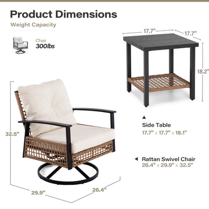 LAUSAINT HOME 3 Pieces Patio Outdoor Furniture Set with 2-Tier Coffee Table, PE Wicker Swivel & Rocking Chairs with Beige Cushions