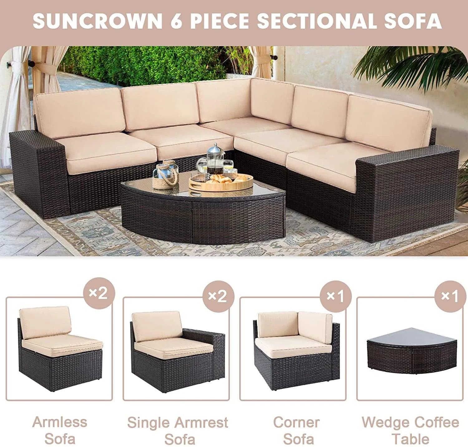 SUNCROWN 6-Piece Patio Furniture Set Outdoor Wicker Conversation Set with Wedge Table, Brown