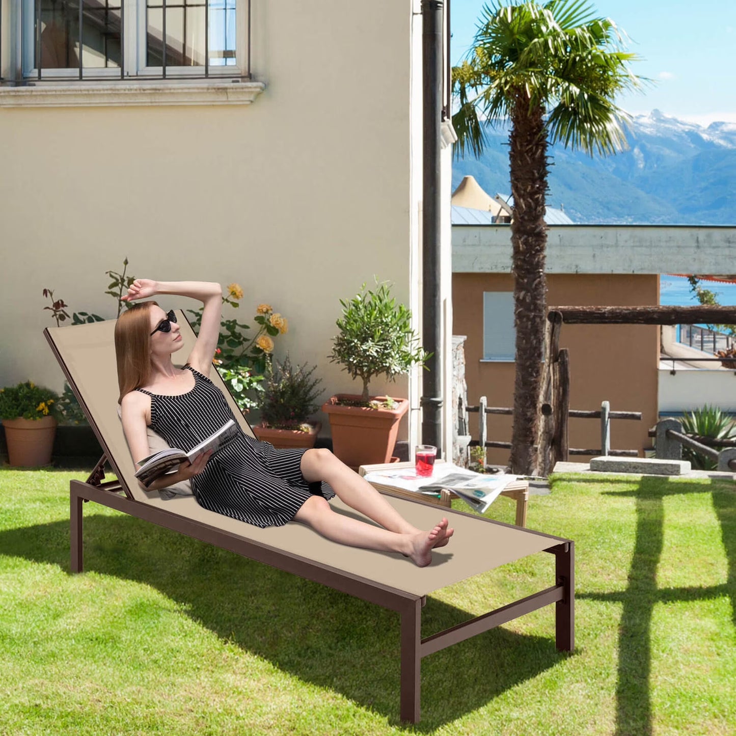 Costway Patio 6-Position Lounge Chair Chaise Aluminium Adjust Recliner Brown