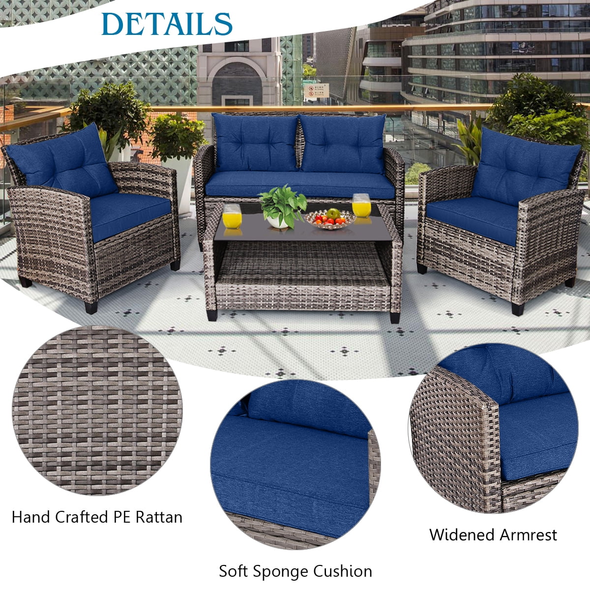 Gymax 4PCS Rattan Furniture Set Coffee Table Cushioned Sofa Garden Lawn Patio Navy