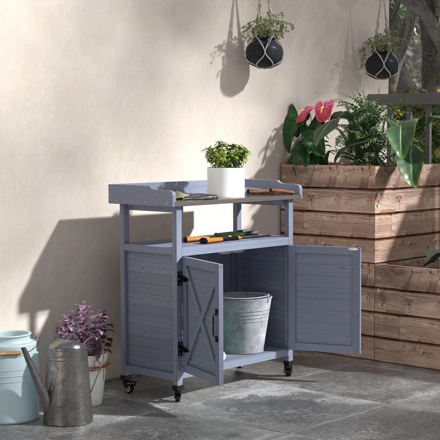 CoSoTower Outdoor Potting Bench, Wooden Potting Table with Storage Cabinet, Aluminum Table Top, Rubber Wheels for Backyard, Patio, Balcony, Gray