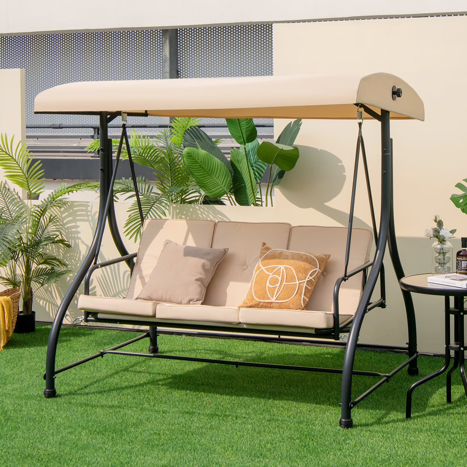 Costway Converting Outdoor Swing Canopy Hammock 3 Seats Patio Deck Furniture beige