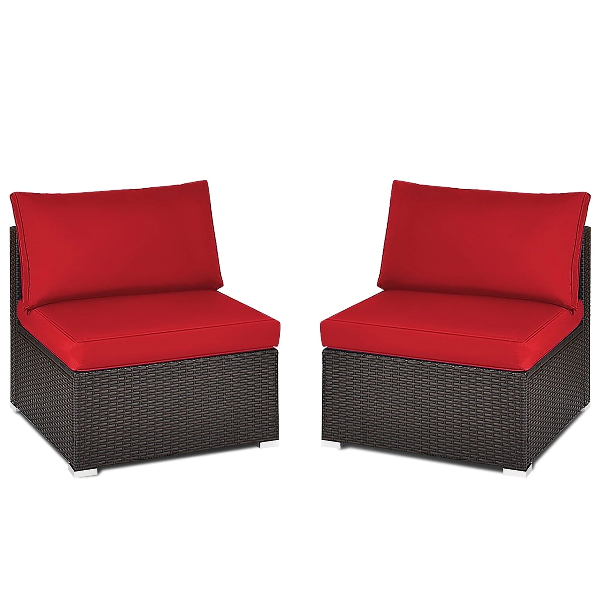 Costway 2PCS Patio Rattan Armless Sofa Sectional Conversation Furniture Set W/Cushion Red