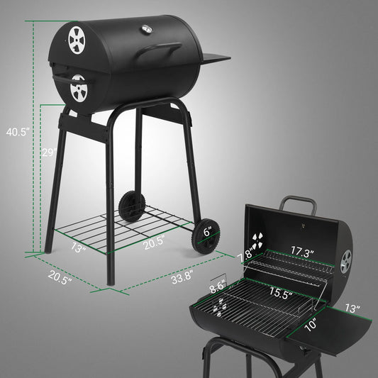 SEEKOL Barrel Charcoal Grill with Side Table, BBQ Grill Outdoor Smoker Grill with Wheels for Party Garden Patio and Backyard Cooking