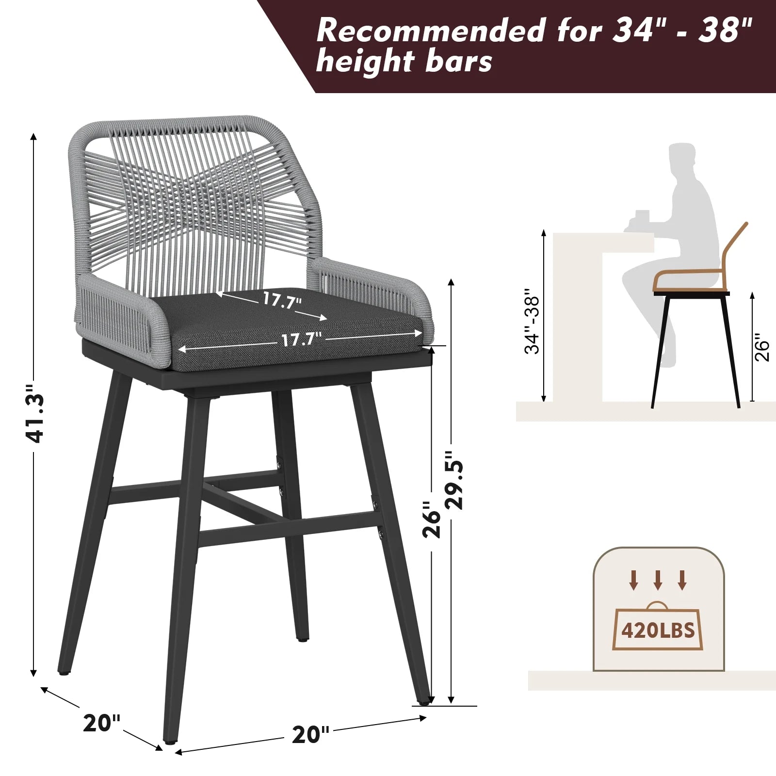 MEISSALIVVE Set of 2 Rattan Swivel Bar Stools, 26" Counter Height with Woven Rope Back, Cushioned Patio Bar Chairs for Kitchen, Garden, Beige
