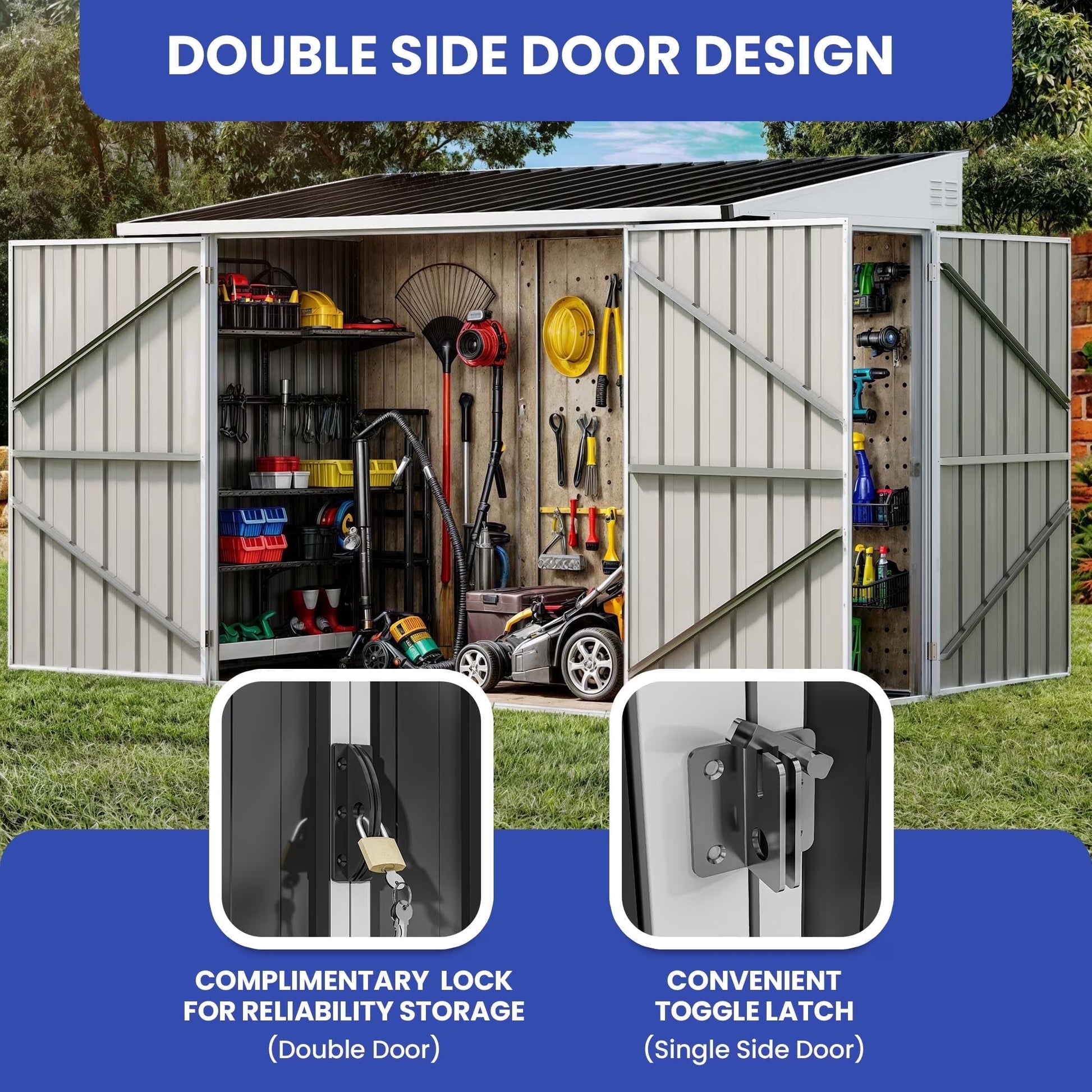 ModFusion 9x4 ft Outdoor Metal Storage Shed with Lockable Double Doors, Acrylic Glass Windows, Steel Roof, Garden Patio Bikes, Skylight, Dark Gray