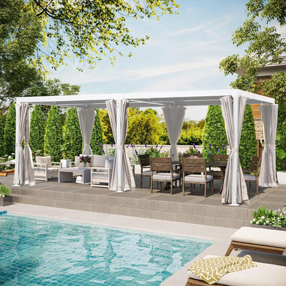 GAZEBETER 10' x 20' Louvered Pergola, Outdoor Aluminium Pergola with Adjustable Roof, Curtains and Netting, Hardtop Gazebo for Patio, Deck, Garden, Yard, Beach, White