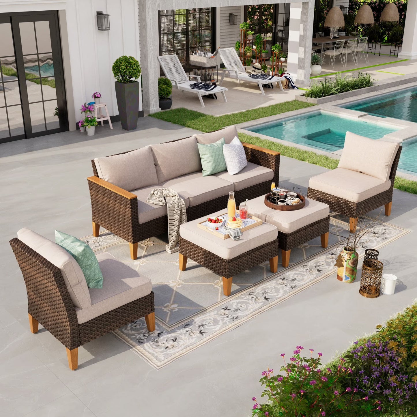 Sophia & William 7 Piece Outdoor Wicker Patio Conversation Sofa Set Outdoor Sectionals, Turquoise
