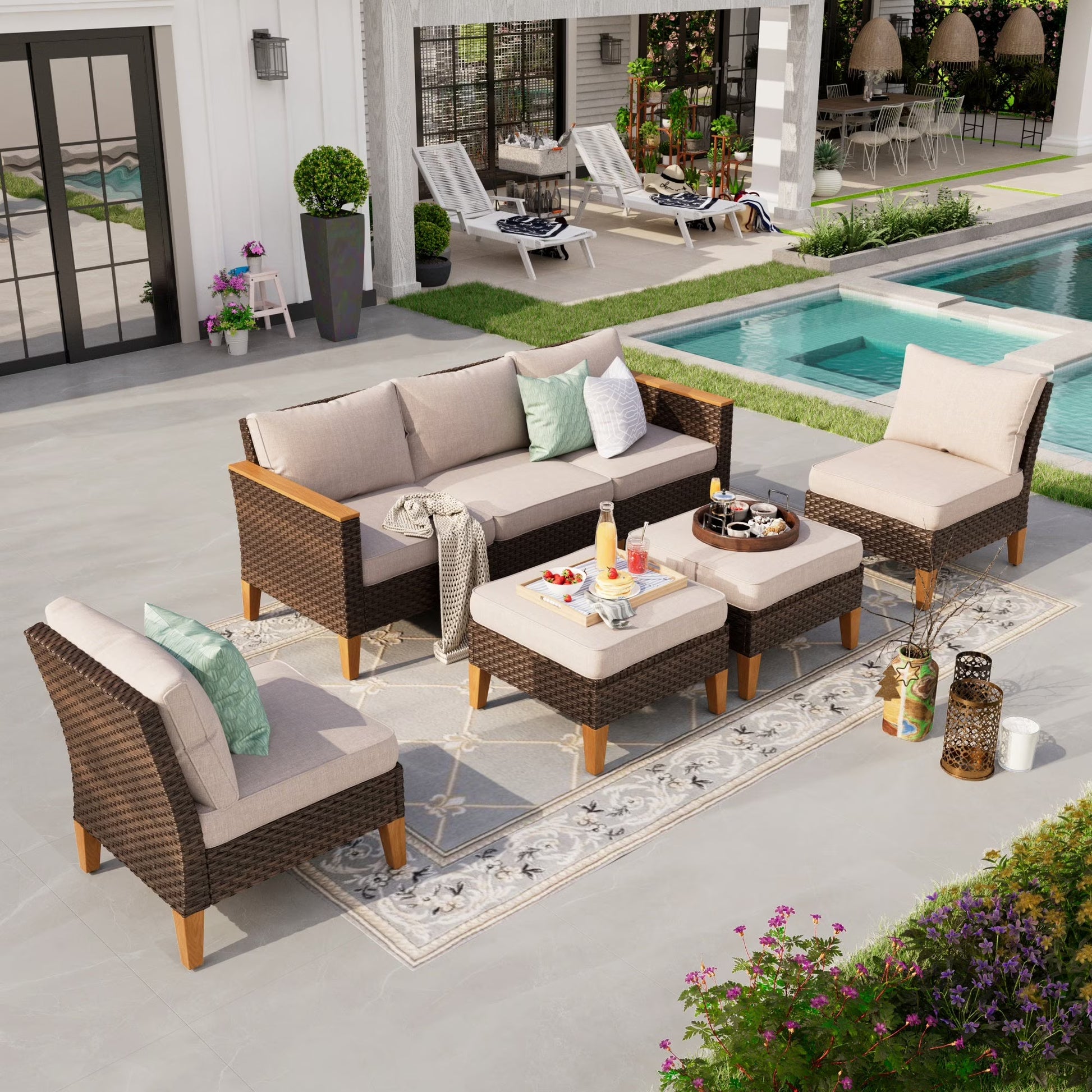 Sophia & William 7 Piece Outdoor Wicker Patio Conversation Sofa Set Outdoor Sectionals, Turquoise