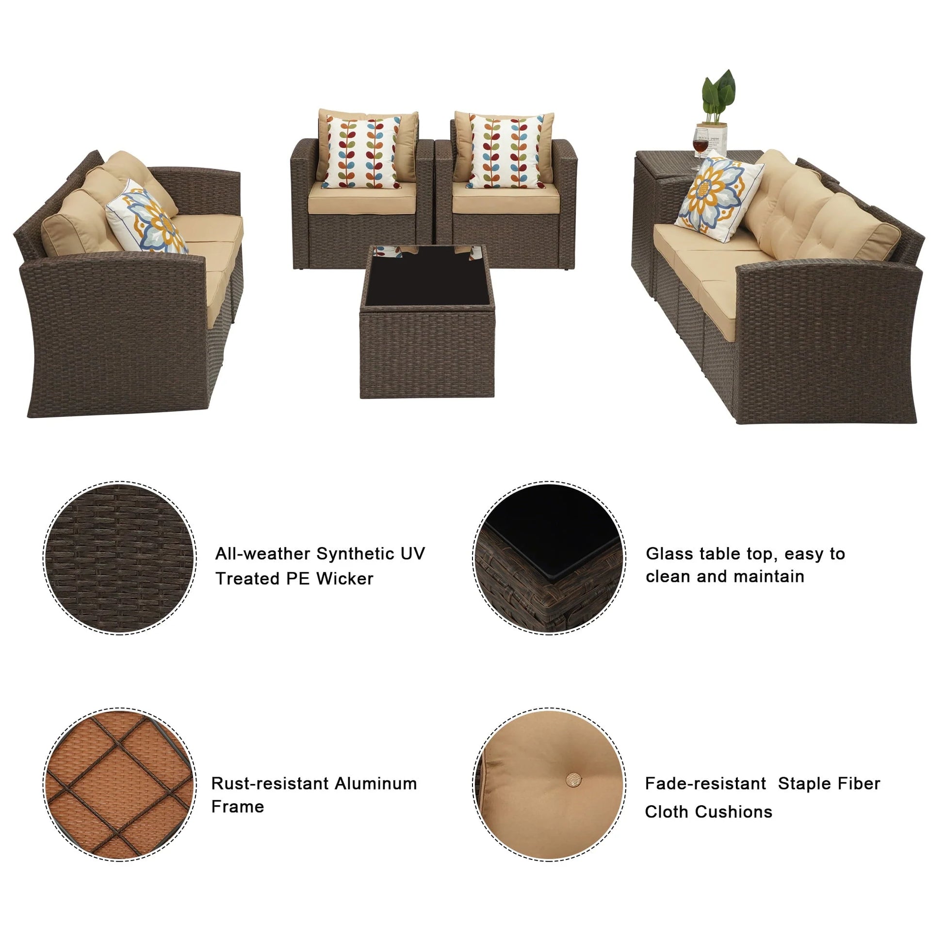 Superjoe 10 Pcs Patio Wicker Furniture Set Aluminum Frame Outdoor Sectional Conversation Sofa with Storage Box and Coffee Table,Beige