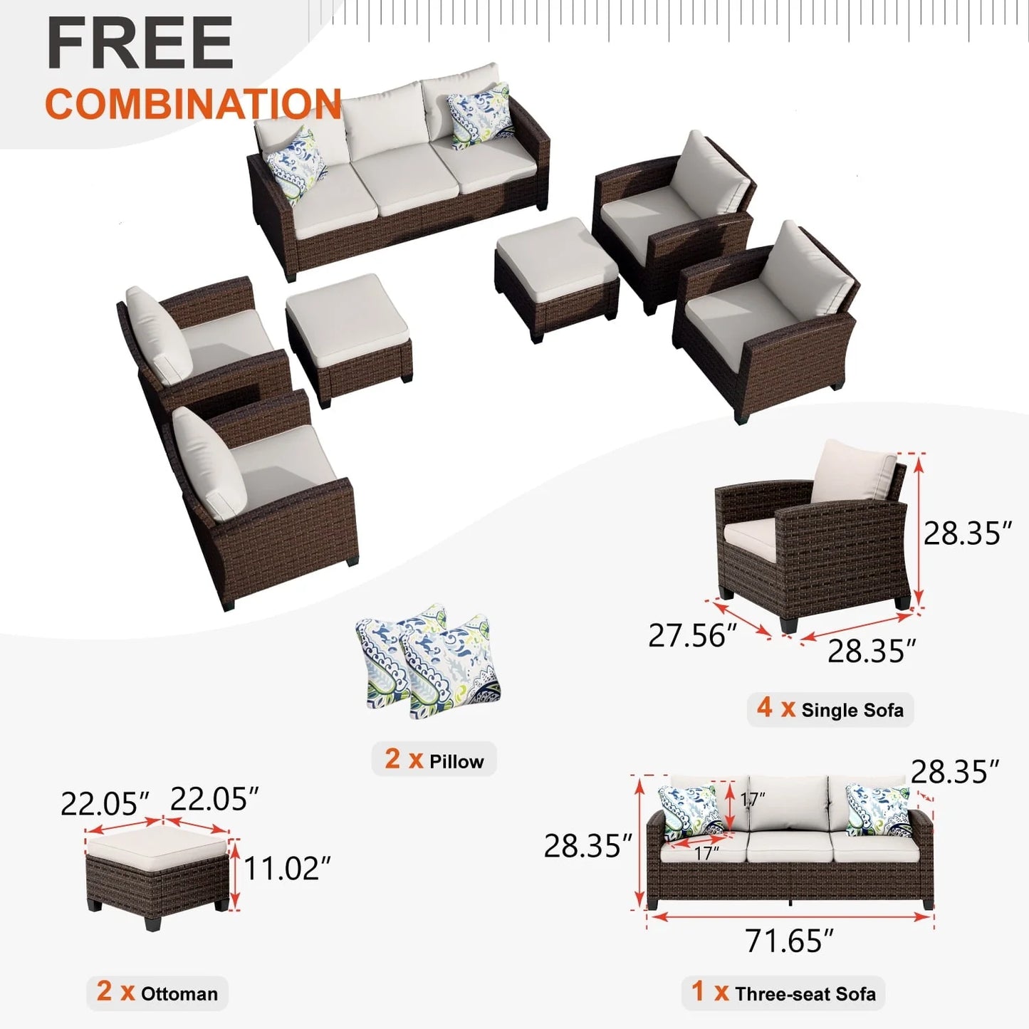 MF Studio 9-Seat Outdoor Patio Conversation Set Wicker Furniture Sofa Set Beige