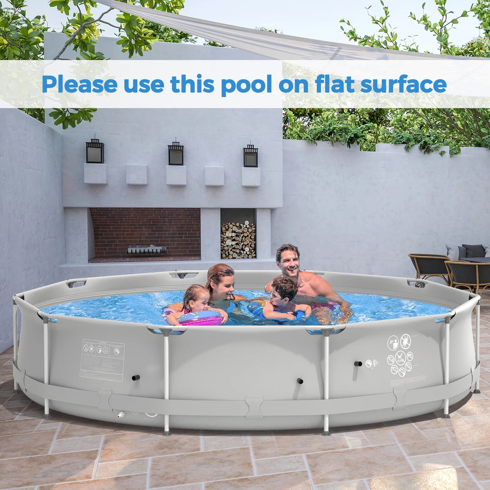 Infans Round Above Ground Swimming Pool Patio Frame Pool W/Pool Cover Iron Frame Blue