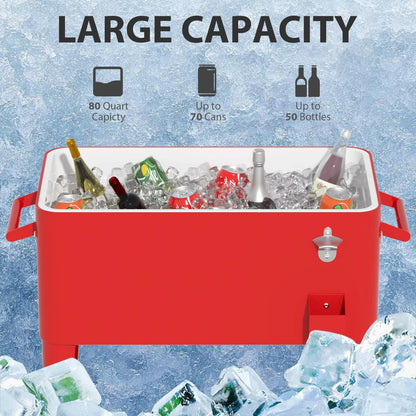 YRLLENSDAN 80 Quart Outdoor Coolers Cart, Rolling Ice Chest Cooler Cart with Wheels, Standing Party Beverage Coolers with Handles and Drain, for Patio, Camping, Picnic, Backyard, Red