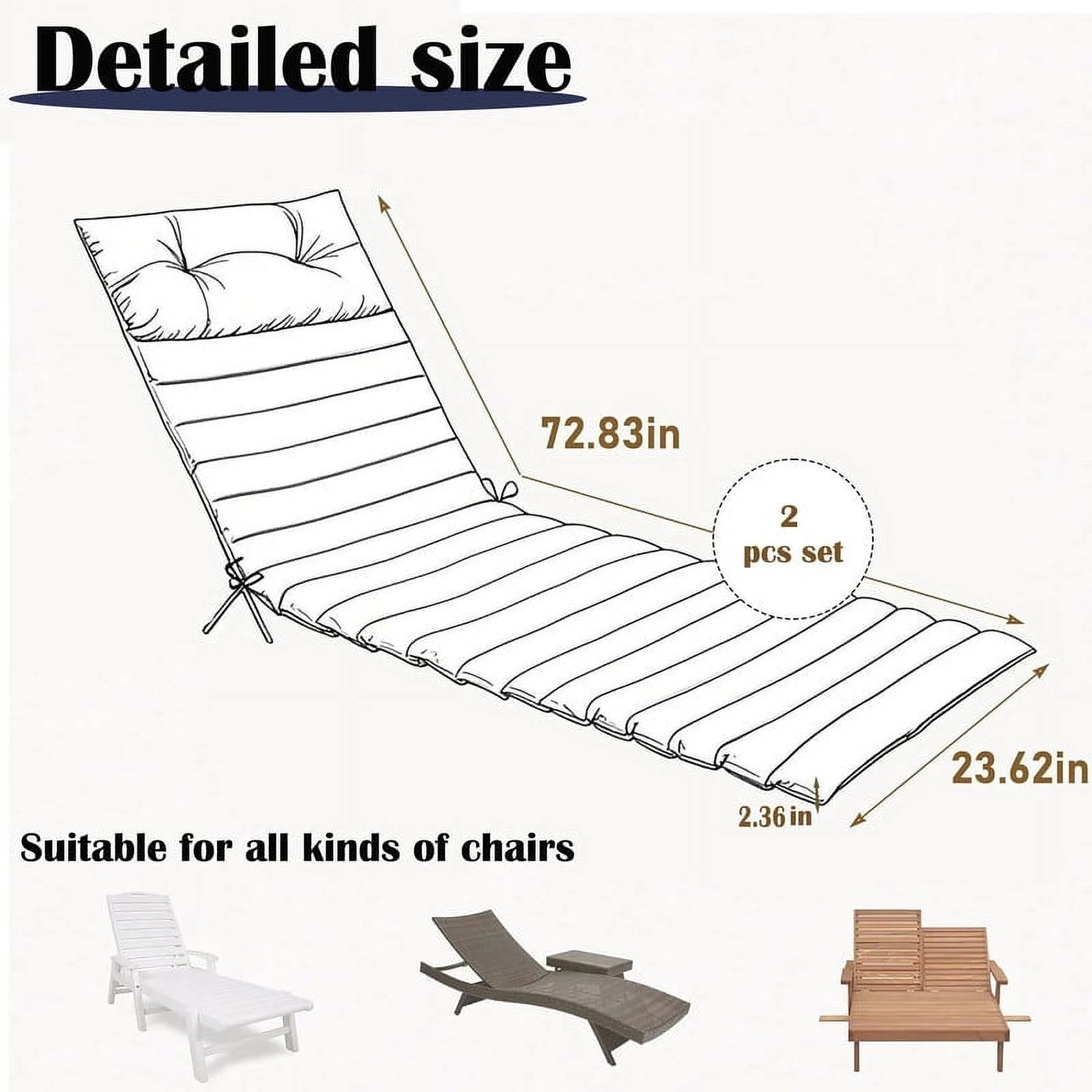 2pcs Outdoor Chaise Lounge Cushions, Waterproof Patio Foldable Chair Cushion for Garden Pool, 73 x 24in Sun Lounger Cushions for Outdoor FurnitureNavy blue