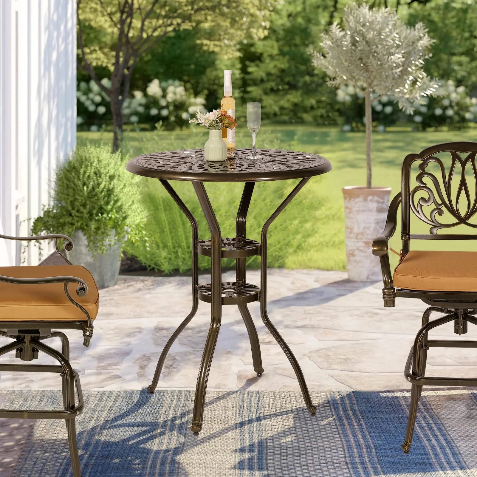 VIVIJASON 30.8" Round Cast Aluminum Patio Bar Table with Umbrella Hole, Antique Bronze