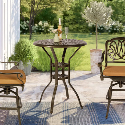 VIVIJASON 30.8" Round Cast Aluminum Patio Bar Table with Umbrella Hole, Antique Bronze
