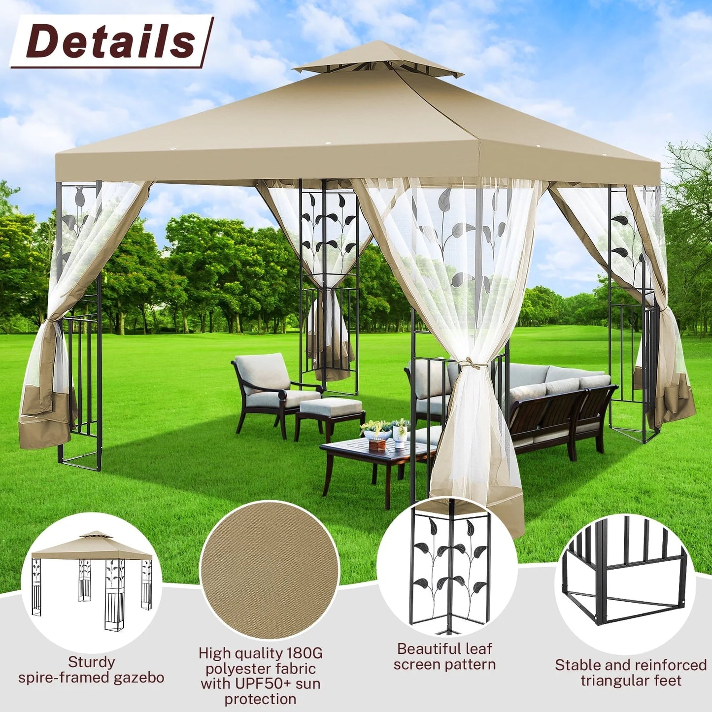 SANOPY 10'x 10' Metal Patio Gazebo, Outdoor Gazebo Canopy Tent for Backyard with Mesh Privacy Curtains, Gazebos Shelter with Display Shelves, Steel Frame, Patio Covers for Shade and Rain