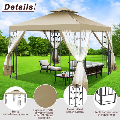 SANOPY 10'x 10' Metal Patio Gazebo, Outdoor Gazebo Canopy Tent for Backyard with Mesh Privacy Curtains, Gazebos Shelter with Display Shelves, Steel Frame, Patio Covers for Shade and Rain