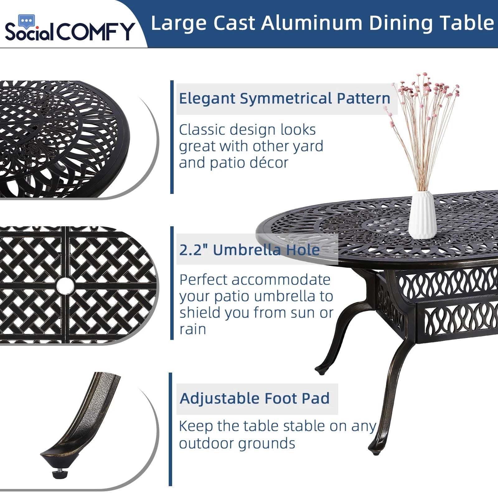9-Piece Patio Cast Aluminum Dining Set, 8 Person Outdoor Dining Furniture Set, includes 84" Oval Table and 8 Swivel Dining Chairs with Umbrella Hole for Patio Deck Garden, Tan