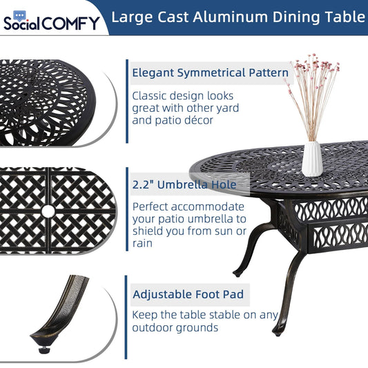 9-Piece Patio Cast Aluminum Dining Set, 8 Person Outdoor Dining Furniture Set, includes 84" Oval Table and 8 Swivel Dining Chairs with Umbrella Hole for Patio Deck Garden, Tan