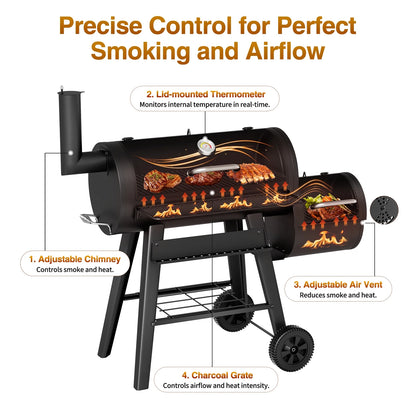 KingChii Heavy Duty Charcoal Grills with Charcoal Wood Offset Smokers for Outdoor Patio BBQ Grilling, 547 SQ.IN.