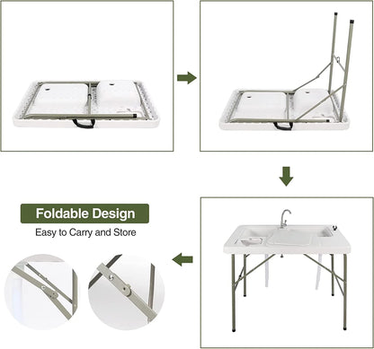 Folding Fish Cleaning Table, Outdoor Camping Sink Station with Sink & Faucet Drainage Hoses, Portable Camping Sink Table for Beach Fishing Patio Picnic