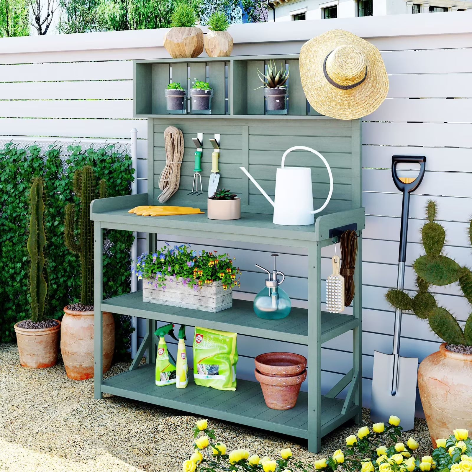 65" Outdoor Potting Bench Table, Farmhouse Wooden Garden Patio Workstation with 4 Storage Shelves and 3 Side Hooks, Multifunctional Potting Planting Table for Mudroom, Backyard, Natural