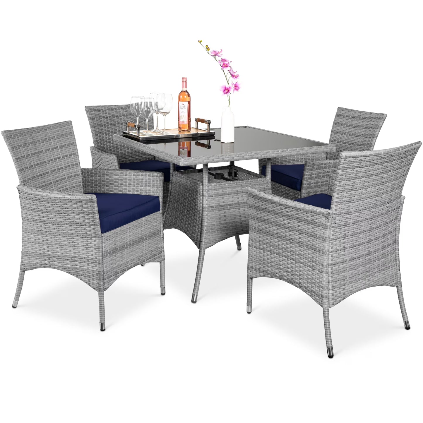Best Choice Products 5-Piece Indoor Outdoor Wicker Patio Dining Table Furniture Set w/Umbrella Cutout, 4 Chairs - Gray