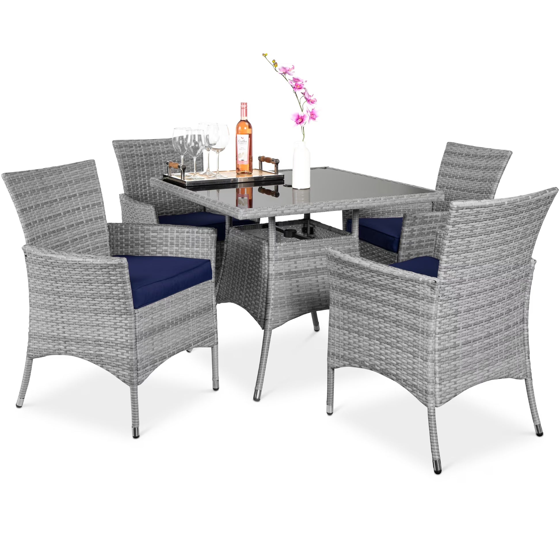Best Choice Products 5-Piece Indoor Outdoor Wicker Patio Dining Table Furniture Set w/Umbrella Cutout, 4 Chairs - Gray