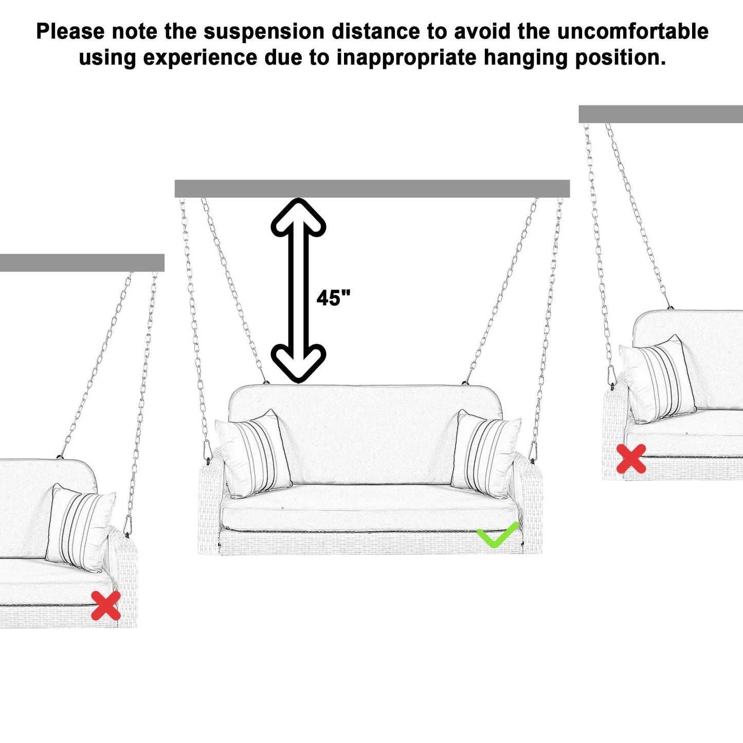 SEGMART 2 Person Wicker Hanging Swing Bench, Front Porch Swing Outdoor Chair with Cushion and Pillow, Patio Furniture Swing for Deck, Backyard, Garden, Gray