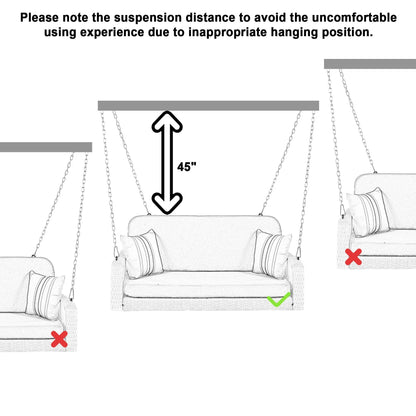 SEGMART 2 Person Wicker Hanging Swing Bench, Front Porch Swing Outdoor Chair with Cushion and Pillow, Patio Furniture Swing for Deck, Backyard, Garden, Gray