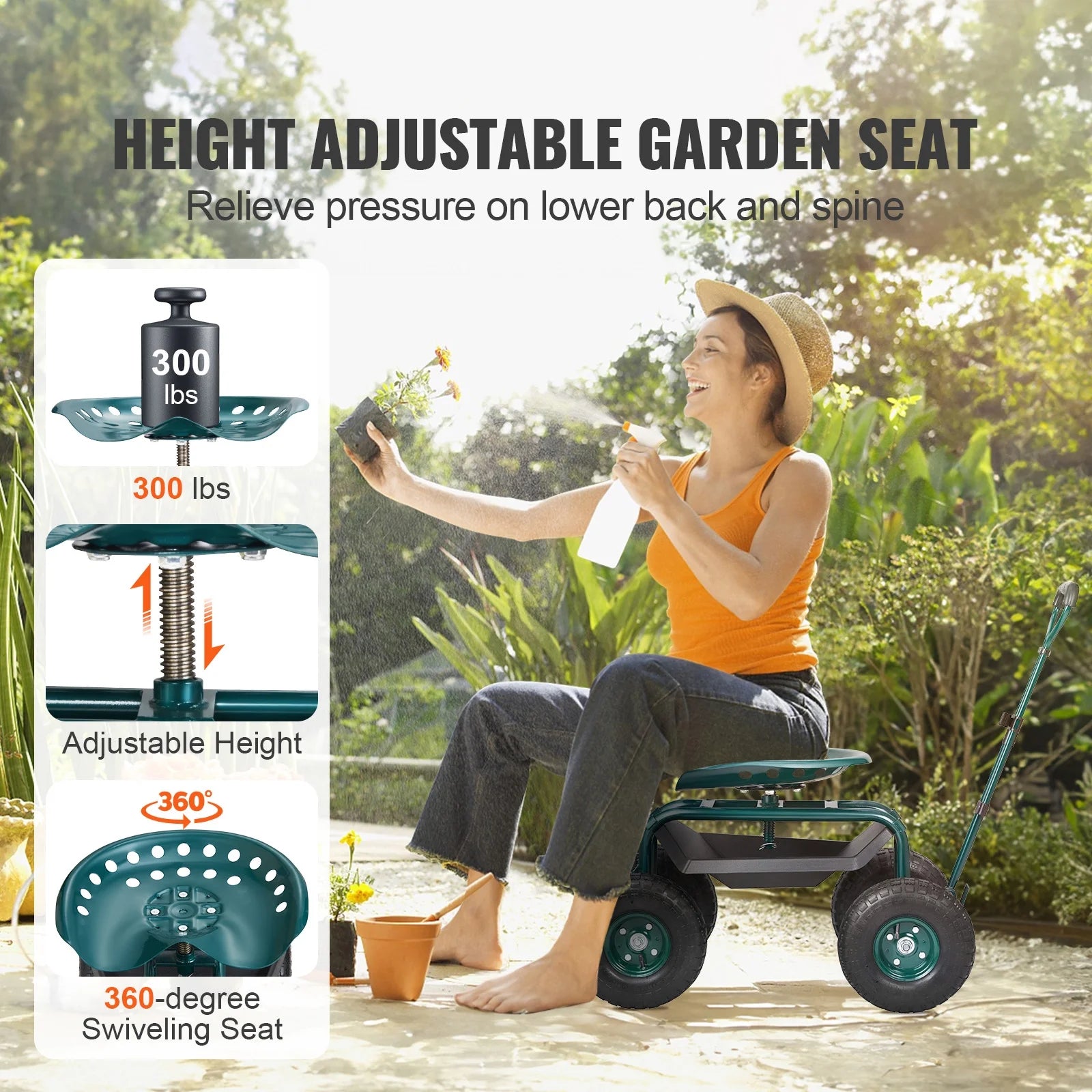 KFFKFF Garden Cart Rolling Workseat with Wheels, Gardening Stool for Planting, 360 Degree Swivel Seat, Wagon Scooter with Steering Handle & Utility Tool Tray, Use for Patio, Yard, and Outdoors
