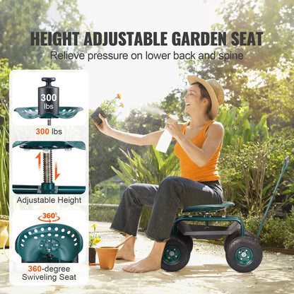 KFFKFF Garden Cart Rolling Workseat with Wheels, Gardening Stool for Planting, 360 Degree Swivel Seat, Wagon Scooter with Steering Handle & Utility Tool Tray, Use for Patio, Yard, and Outdoors