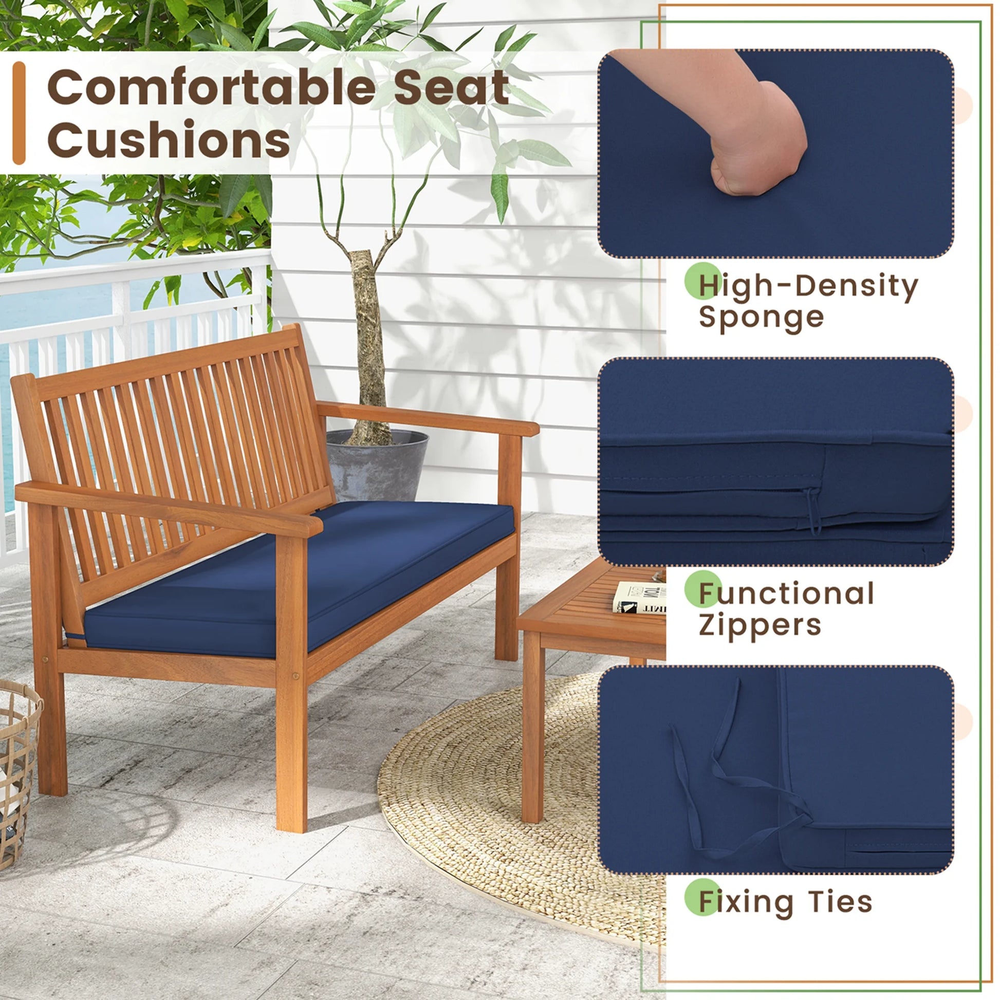 Costway 4 PCS Patio Wood Furniture Set with Loveseat, 2 Chairs & Coffee Table for Porch Navy