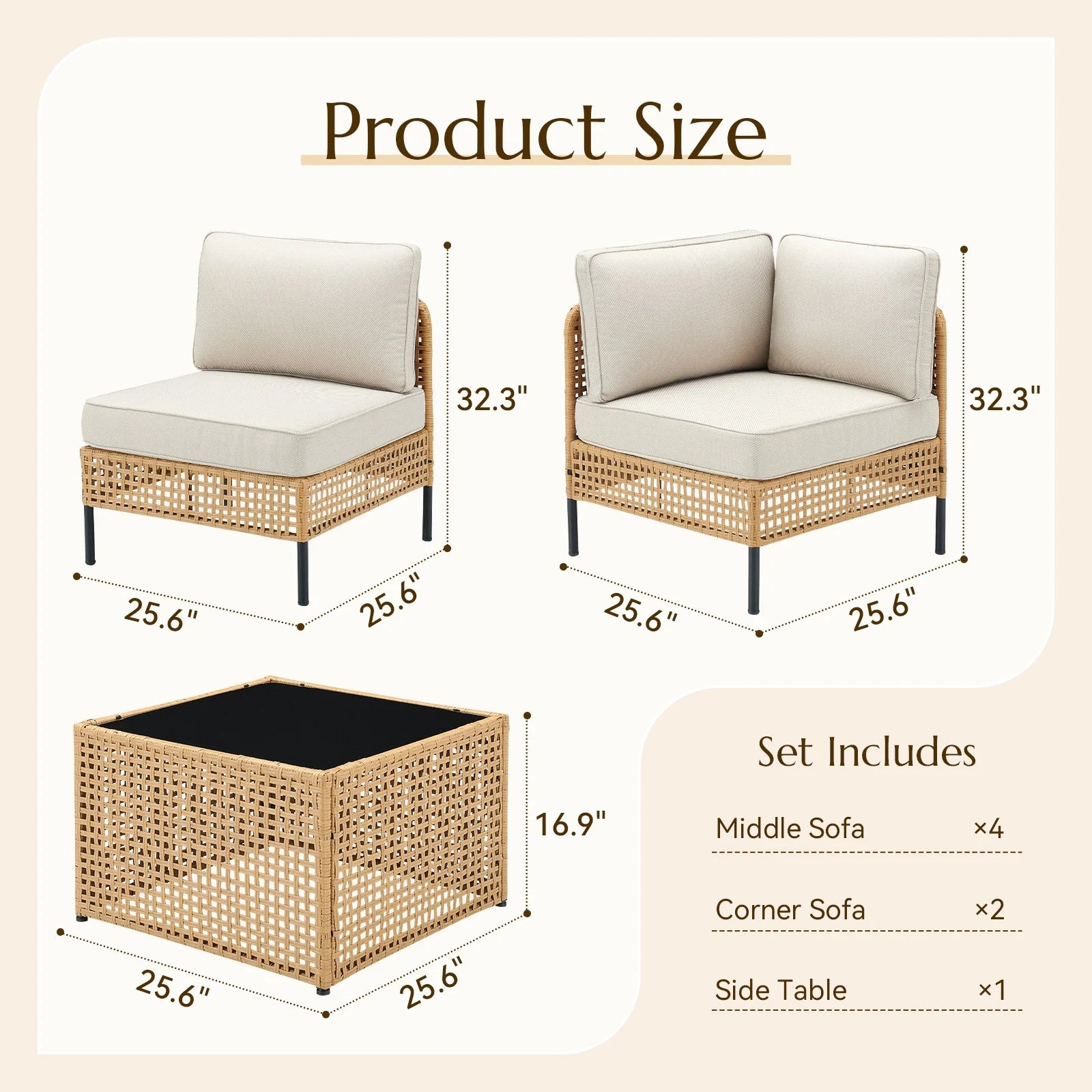 PPorfamilia Outdoor Modular Sectional Furniture Set, 7 Piece Natural PE Rattan Sofa Set with 2 Corner Chairs, 4 Middle Chairs, Side Table, and Beige Deep Seat Cushions, for Patio Backyard Deck