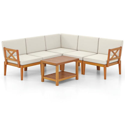 Kepooman Outdoor Conversation Sets,Patio Furniture Sets,6 Pieces Acacia Wood Patio Furniture Set with Cushions and 2-Tier Coffee Table-White