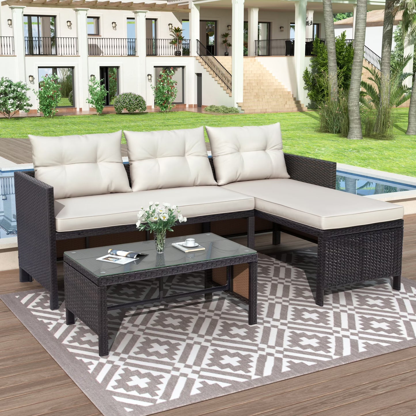 Outdoor Patio Furniture Set of 3, Rattan Wicker Outdoor Swivel Glider Rocker w/Table and Cushions, Brown