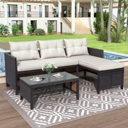 Outdoor Patio Furniture Set of 3, Rattan Wicker Outdoor Swivel Glider Rocker w/Table and Cushions, Brown