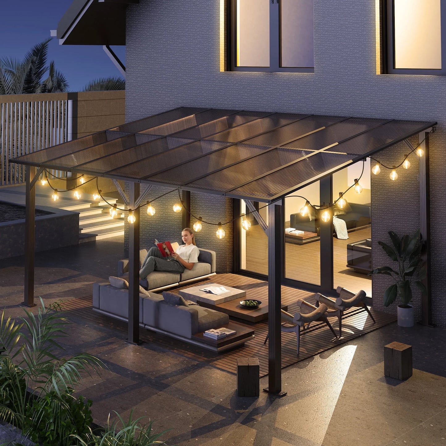 GVDV 14' x 10' Hardtop Gazebos Pergola, Outdoor Wall Mounted Gazebos with Aluminum Frame and Thickened columns for Patio,Backyard,Garden