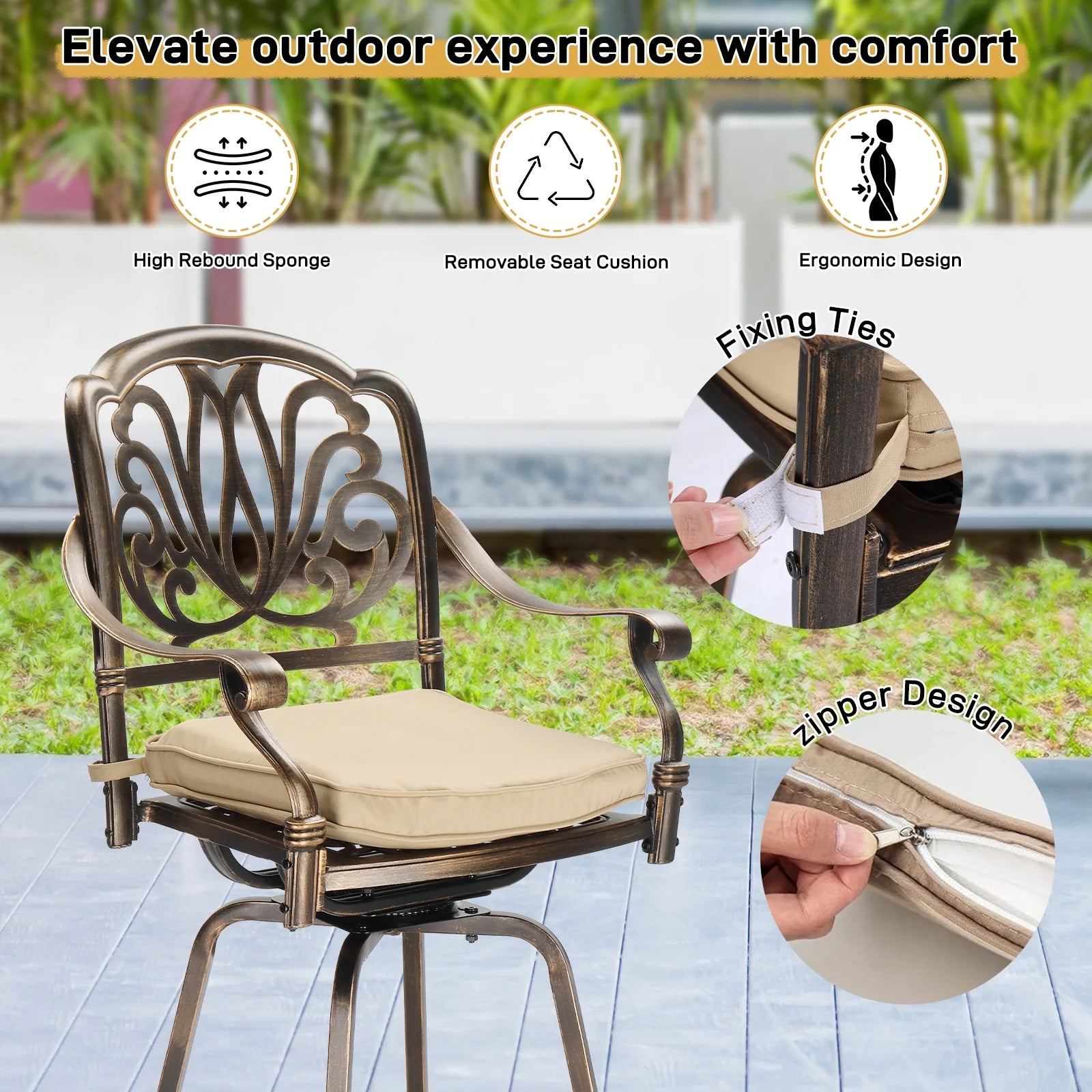 Ktaxon 2Pcs Outdoor Swivel Bar Stools, Weather Resistant Patio Bar Height Chairs, Cast Aluminum Bar Dining Seatings for Pool Deck Balcony (Elizabethan Back)