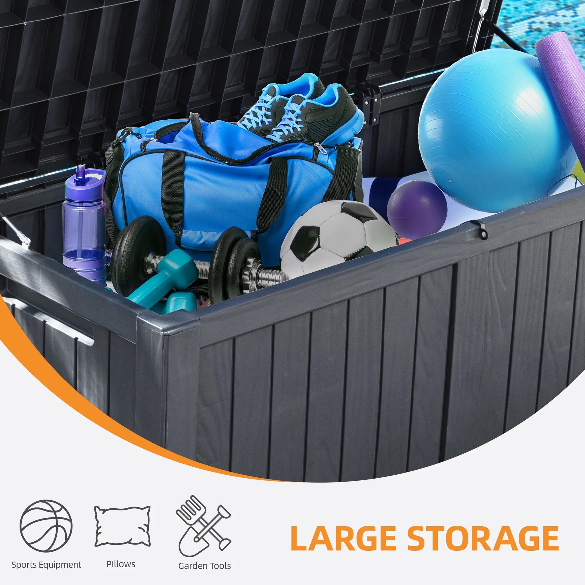 Dextrus Outdoor Storage Deck Box 120 Gallon - Large Resin Patio Storage for Outdoor Pillows, Garden Tools and Pool Supplies - Waterproof and Lockable (Dark Grey)