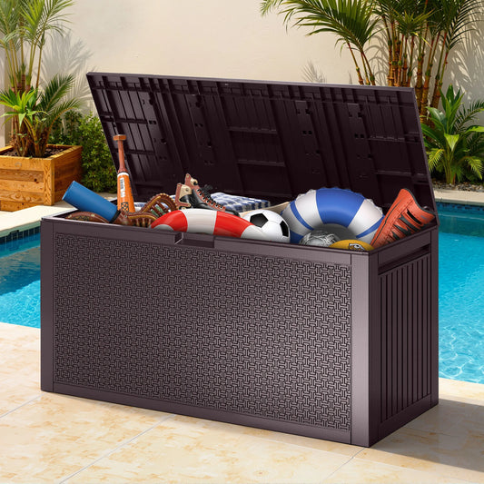 90 Gallon Resin Deck Box, Outdoor Lockable Storage Container for Patio Cushions, Garden Tools, Pool Supplies, Toys, Waterproof and UV Resistant, Brown