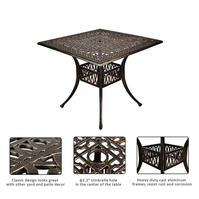 LVUYOYO 35.4" Outdoor Patio Bistro Dining Square Table Weather Resistant Cast Aluminum Conversation Table with 2.2" Umbrella Hole
