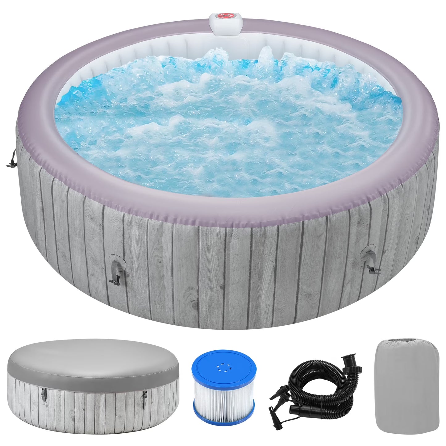Round Hot Tub Surround Furniture, Spa Surround Outdoor Rattan Sectional Sofa Set with Mini Sofa, Solid Acacia Wood Hot Tub Storage Surround Patio Furniture Set, Gray Cushion
