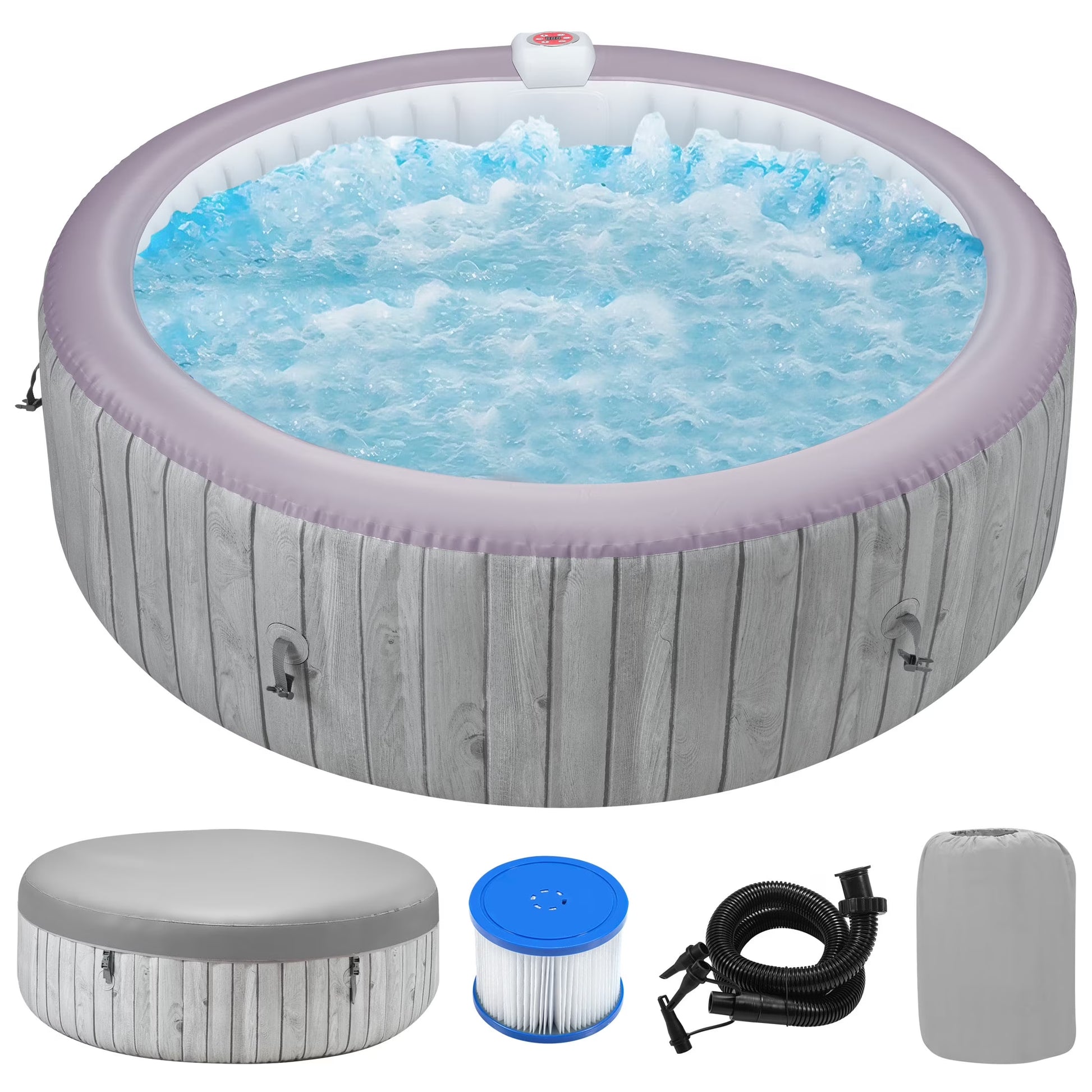 Round Hot Tub Surround Furniture, Spa Surround Outdoor Rattan Sectional Sofa Set with Mini Sofa, Solid Acacia Wood Hot Tub Storage Surround Patio Furniture Set, Gray Cushion