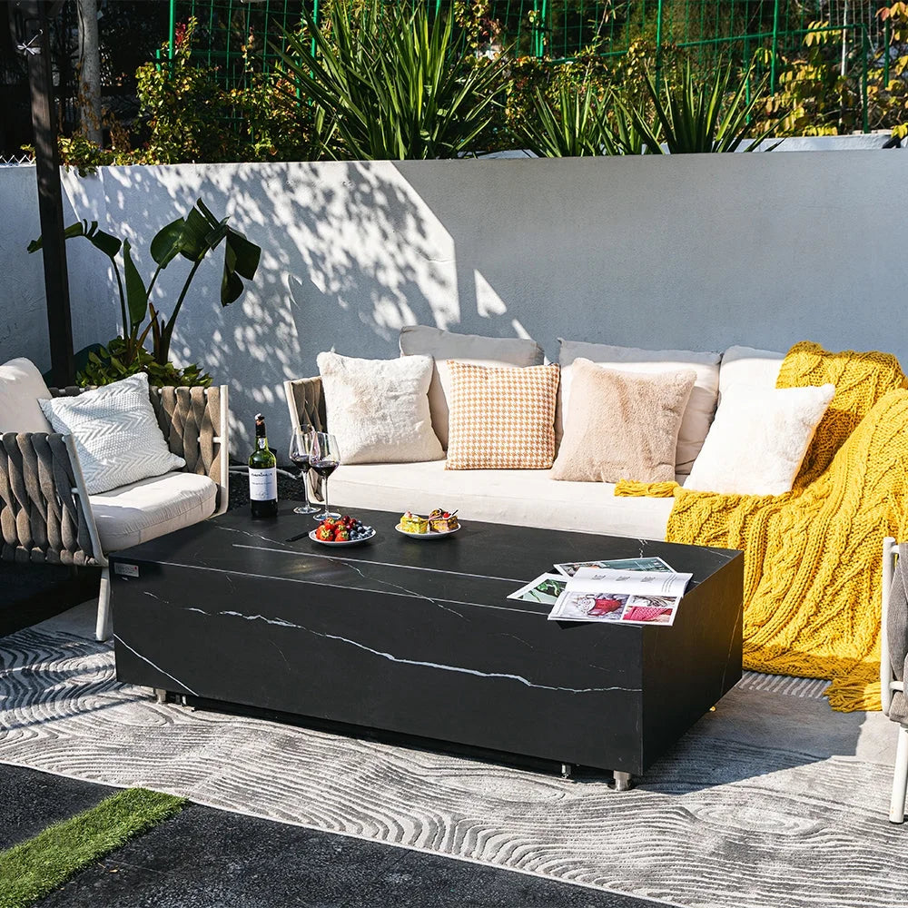 Elementi Plus Varna Propane Fire Pit for Outside Outdoor Fire Pit Table Smokeless Firepit Marble Porcelain Rectangular Fire Table Patio Heater Fireplace 60000 BTUs - Bulgaria Black, 59.8 x 28 Inches