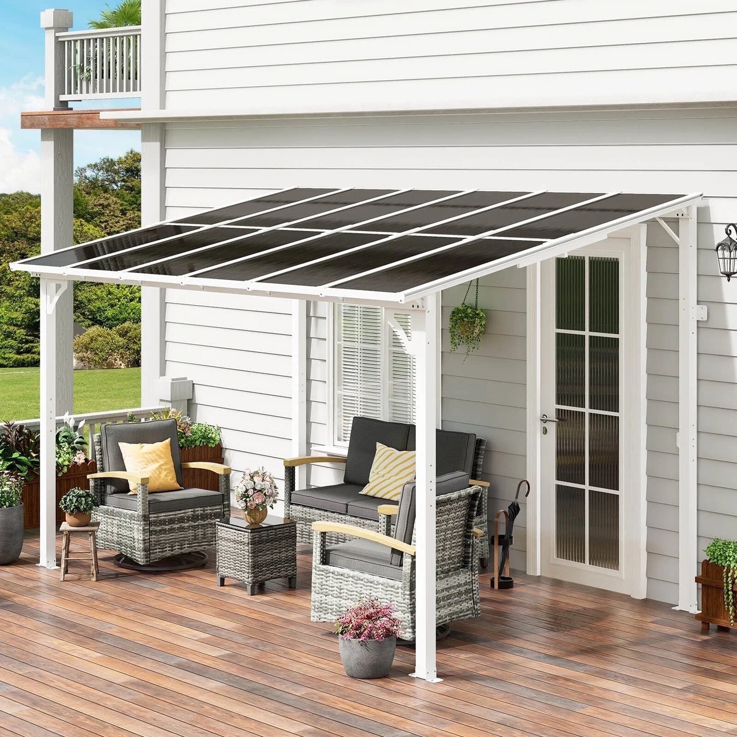 MEISSALIVVE 8' x 12' Hardtop Wall Mounted Gazebo Pergola, Lean-to Metal Awning with Sloped Roof, Outdoor Shelter for Patio, Deck, Backyard, White