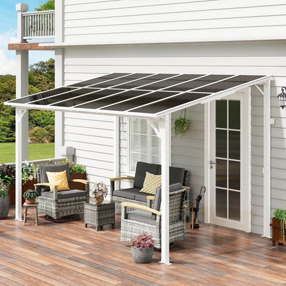MEISSALIVVE 8' x 12' Hardtop Wall Mounted Gazebo Pergola, Lean-to Metal Awning with Sloped Roof, Outdoor Shelter for Patio, Deck, Backyard, White