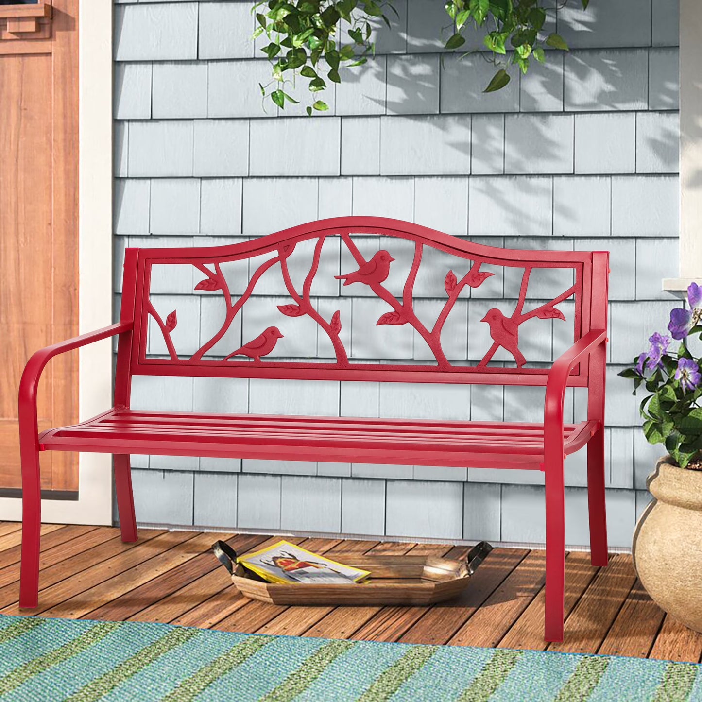 Alpha Joy 50" Outdoor Bench Metal Patio Garden Bench Slatted Seat for Lawn, Park, Porch, Backyard, Deck- Bronze