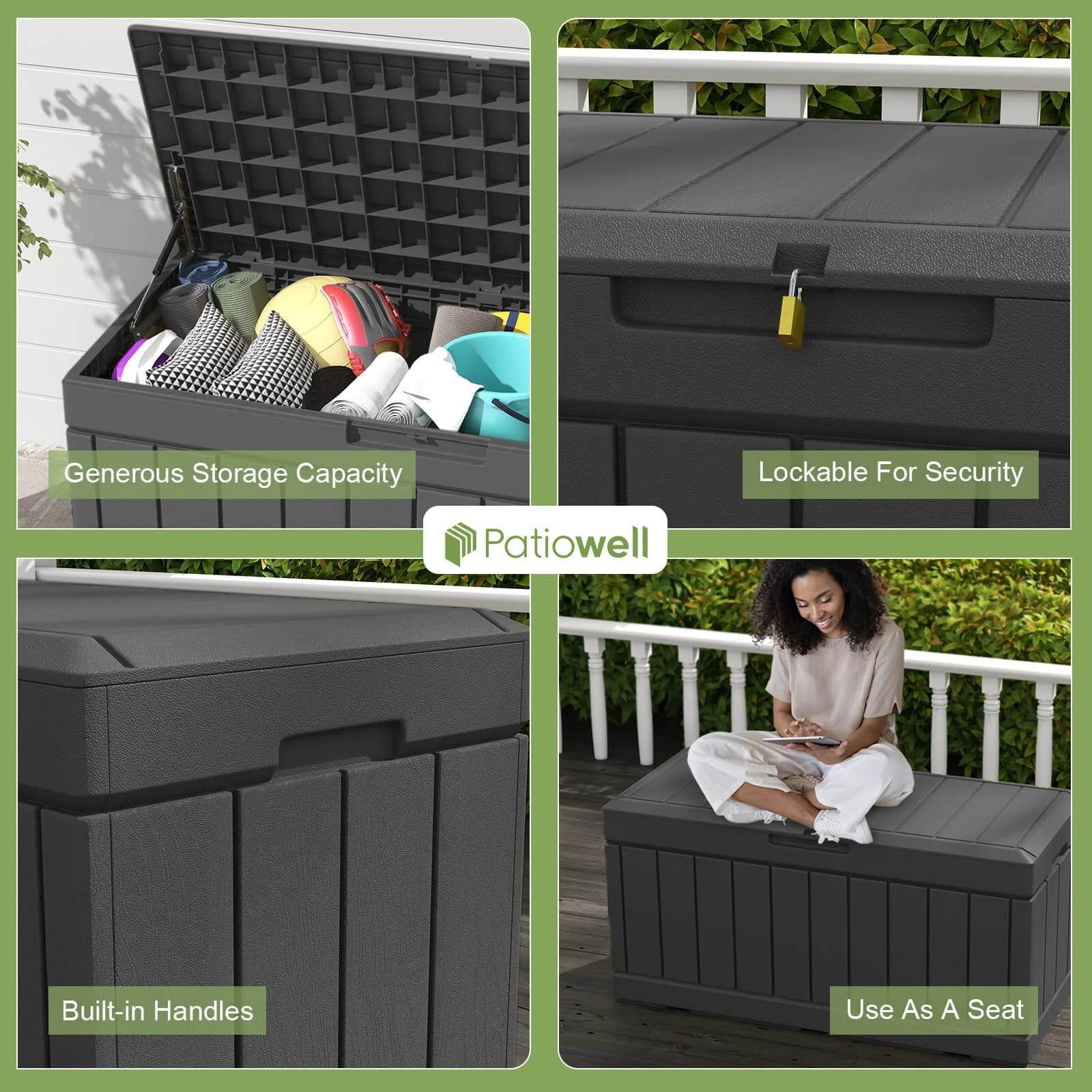 Patiowell 82 Gallon Deck Box Outdoor Storage Resin Wood Look Storage Box with Lockable lid for Patio Furniture, Black